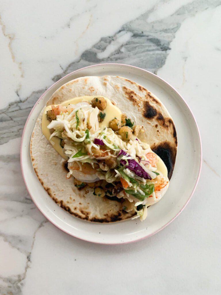 Grilled Shrimp Tacos with Peach Ginger Slaw